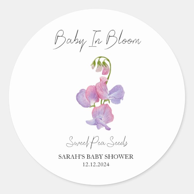 Baby In Bloom l Sweet Pea Seeds Baby Shower Classic Round Sticker (Front)