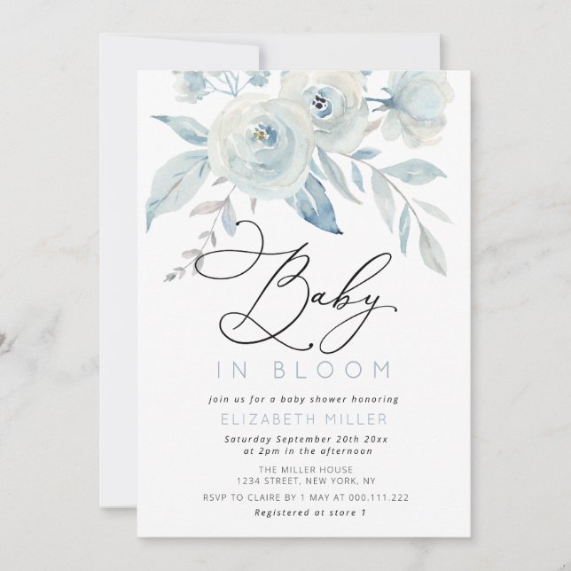 baby in bloom lettering blue floral baby shower invitation (Front)
