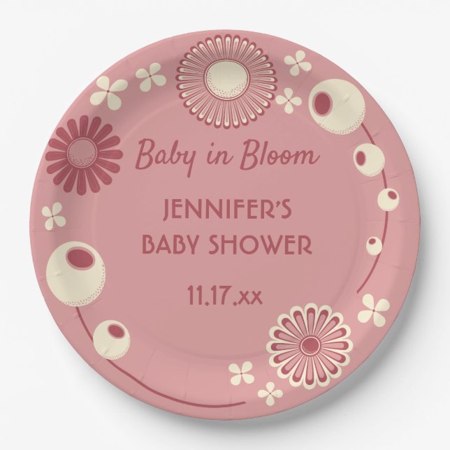 Baby in Bloom Mauve Pink Floral Girl Shower Paper Plate (Front)