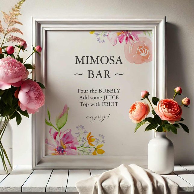 Baby In Bloom Mimosa Bar Sign (baby in bloom party signs features a mimosa bar sign with vibrant pink flowers.)