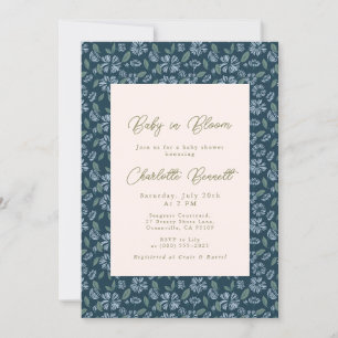 Baby In Bloom Navy Blue Floral Baby Shower Invitation