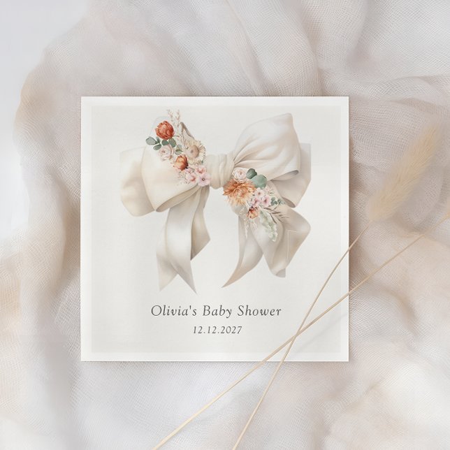 Baby in Bloom Neutral Floral Bow Baby Shower Napkin (Creator Uploaded)