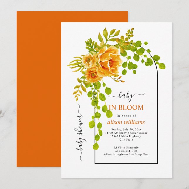 Baby in bloom orange flowers and arch baby shower invitation (Front/Back)