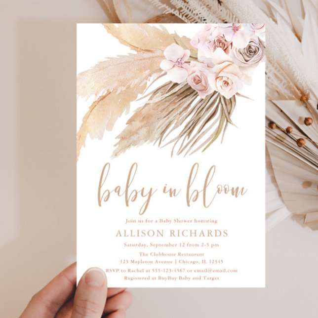 Baby in bloom pampas grass boho girl baby shower invitation (Creator Uploaded)