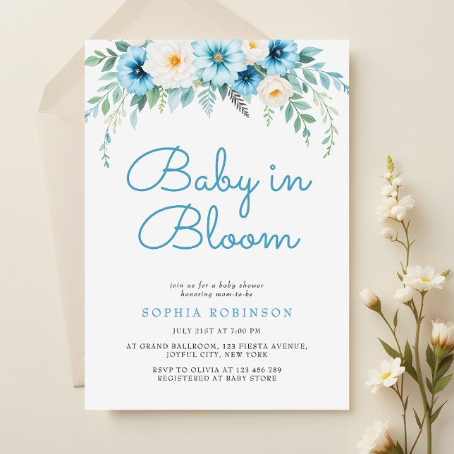 Baby in Bloom Pastel Blue Floral Baby Shower Invitation (Creator Uploaded)