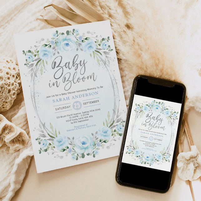 Baby in Bloom Pastel Blue Silver Floral Boy Shower Invitation (Creator Uploaded)