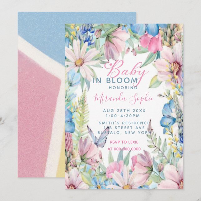 Baby In Bloom Pastel Wildflowers Baby Shower Invitation (Front/Back)