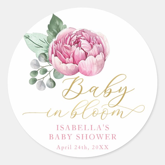 Baby in Bloom Pink and Gold Floral Baby Shower Fav Classic Round Sticker (Front)