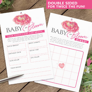 Baby in bloom pink baby shower bingo predictions flyer