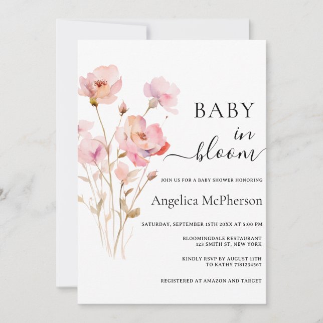BABY IN BLOOM PINK BLUSH WATERCOLOR MEADOW FLOWERS INVITATION (Front)