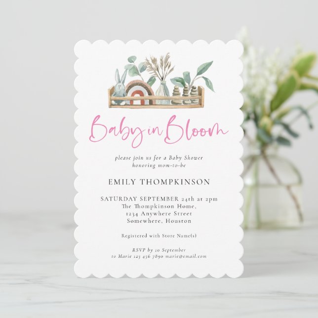 Baby In Bloom Pink Boho Girl Shower Invitation (Standing Front)