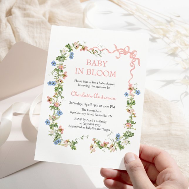 Baby in Bloom Pink Bow Baby Shower Invitation (Creator Uploaded)