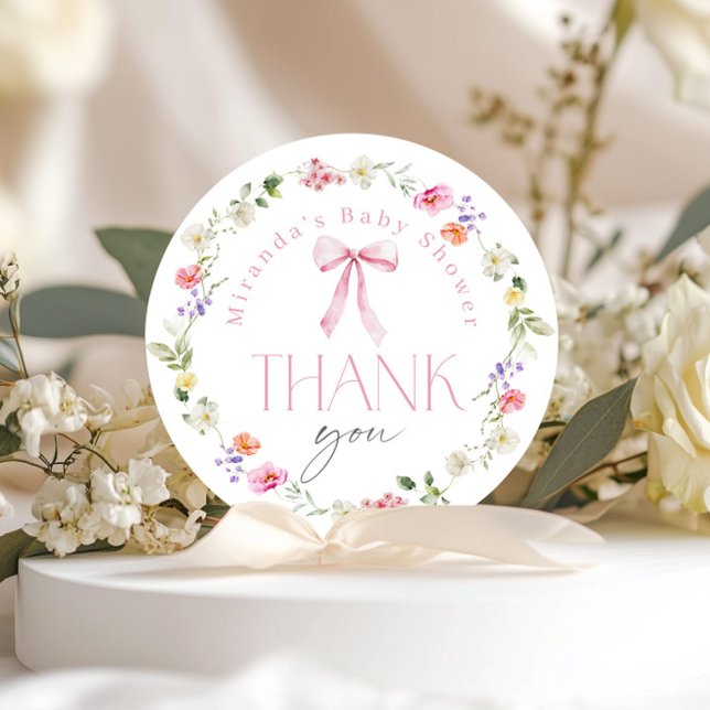 Baby in Bloom Pink Bow Baby shower Thank you Classic Round Sticker (Creator Uploaded)