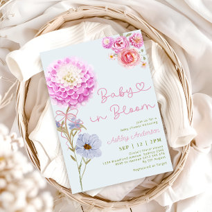 Baby in Bloom Pink Bow Blue Baby Shower Invitation