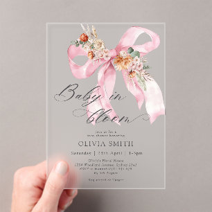 Baby in Bloom Pink Bow Floral Baby Shower Acrylic Invitations