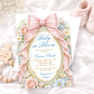 Baby in Bloom Pink Bow Floral Baby Shower Invitation