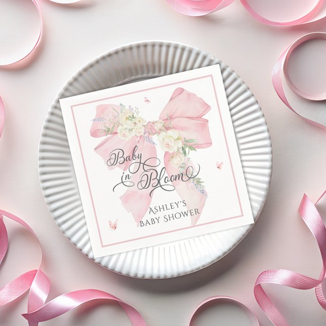 Baby In Bloom Pink Bow Floral Baby Shower Napkin (Creator Uploaded)