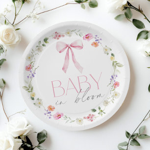 Baby in Bloom Pink Bow floral Baby shower Paper Plate