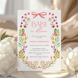 Baby in Bloom Pink Bow Floral Garden Baby Shower Invitation