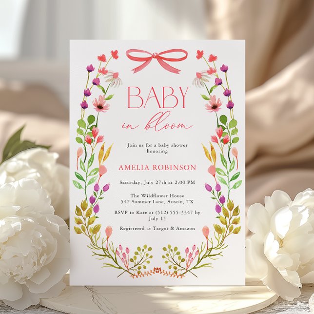 Baby in Bloom Pink Bow Floral Garden Baby Shower Invitation (Creator Uploaded)