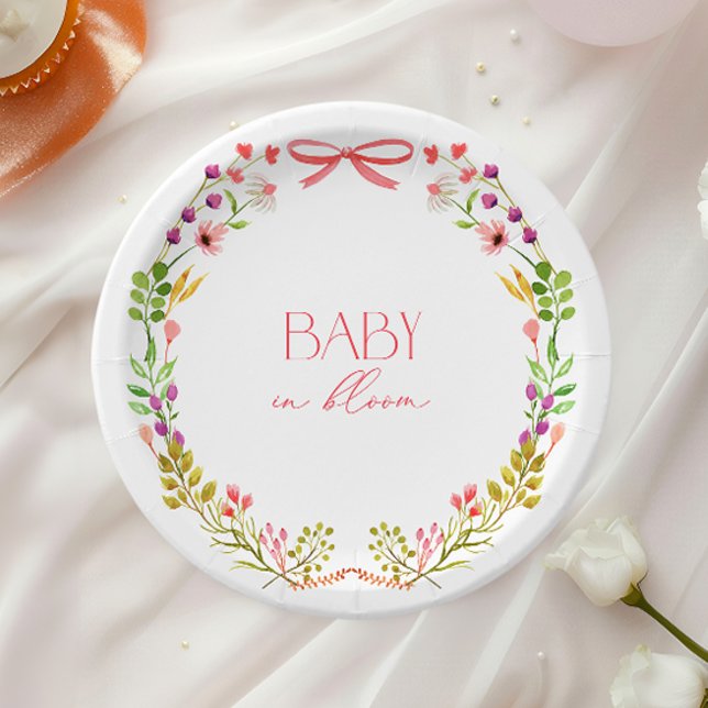 Baby in Bloom Pink Bow Floral Garden Baby Shower Paper Plate (Creator Uploaded)