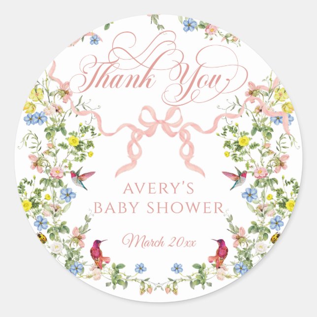 Baby in Bloom Pink Bow Floral Girl Baby Shower  Classic Round Sticker (Front)