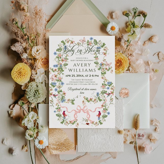 Baby in Bloom Pink Bow Floral Girl Baby Shower  Invitation (Creator Uploaded)