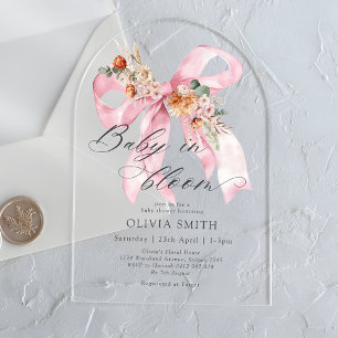 Baby in Bloom Pink Bow Floral Modern Baby Shower Acrylic Invitations