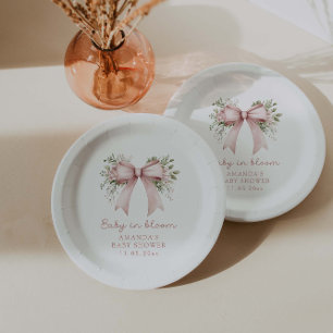 Baby In Bloom Pink Bow Girl Baby Shower Paper Plate