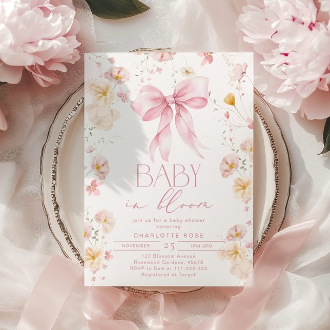Baby in Bloom Pink Bow Wildflower Baby shower Invitation (Creator Uploaded)