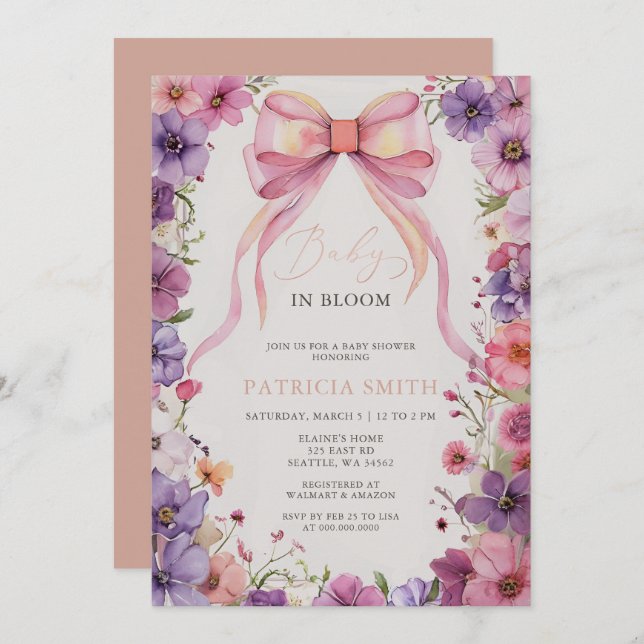 Baby in Bloom Pink Bow Wildflowers Baby Shower Invitation (Front/Back)