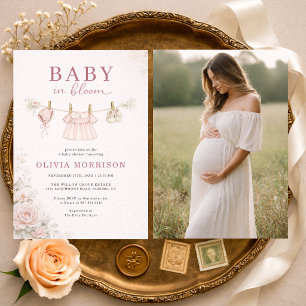 Baby in Bloom Pink Clothesline Photo Baby Shower Invitation