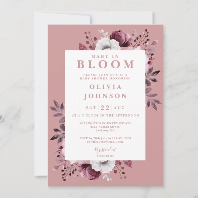 Baby In Bloom Pink Floral All In One Baby Shower Invitation (Front)