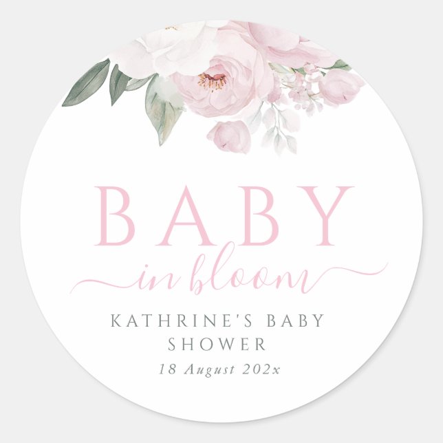 baby in bloom pink floral baby shower classic round sticker (Front)