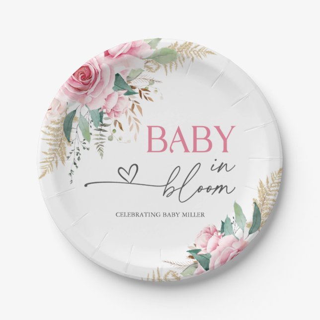 Baby In Bloom Pink Floral Baby Shower Paper Plates (Front)