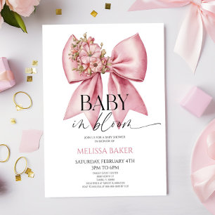 Baby In Bloom Pink Floral Bow Baby Shower Invitation