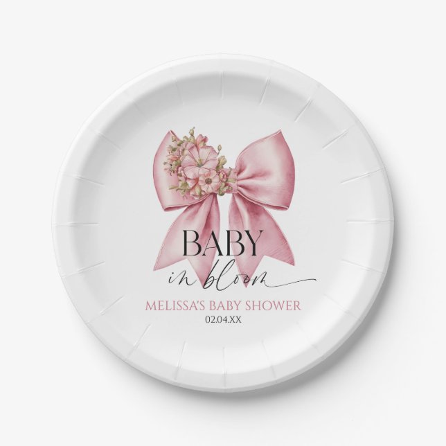 Baby In Bloom Pink Floral Bow Baby Shower Paper Plate (Front)