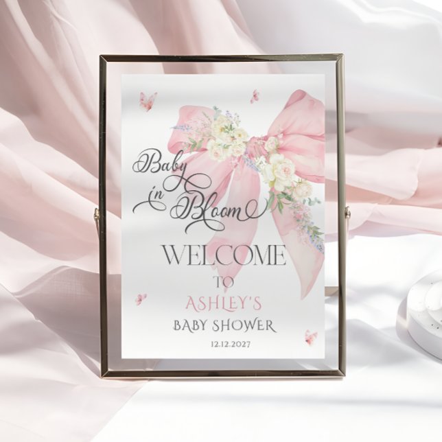 Baby in Bloom Pink Floral Bow Baby Shower Welcome  Poster (Creator Uploaded)