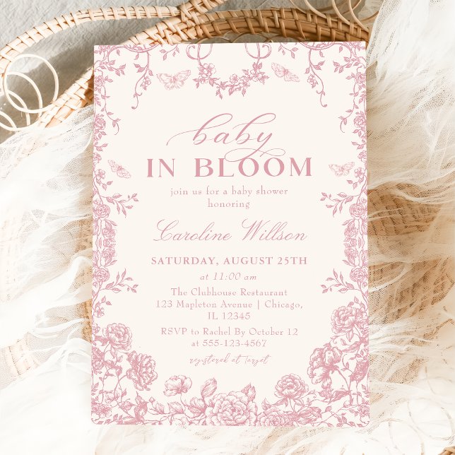 Baby In Bloom Pink Floral Chinoiserie baby shower Invitation (Creator Uploaded)