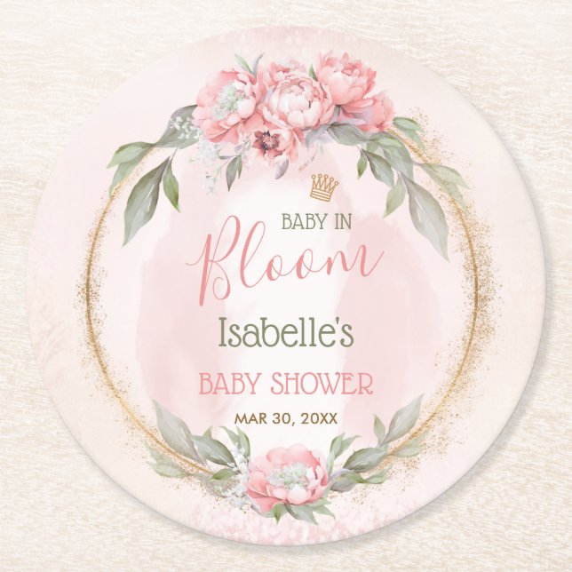 Baby In Bloom Pink Floral Elegant Girl Baby Shower Round Paper Coaster (Front)