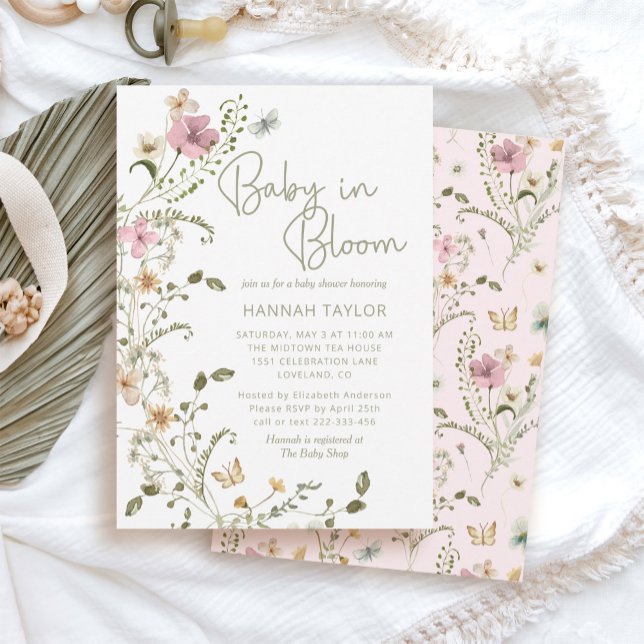 Baby in Bloom Pink Floral Girl Baby Shower Invitation (baby in bloom pink floral wildflower baby shower)