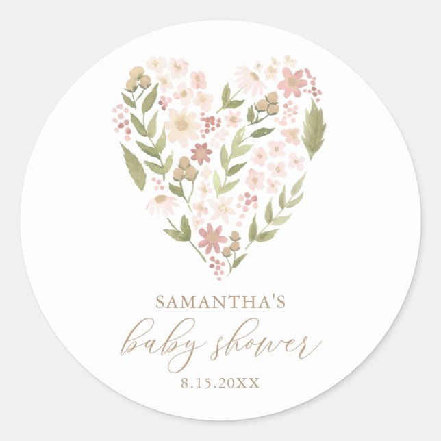 Baby in Bloom Pink Floral Heart Baby Shower Classic Round Sticker (Front)