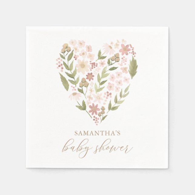Baby in Bloom Pink Floral Heart Baby Shower Napkin (Front)