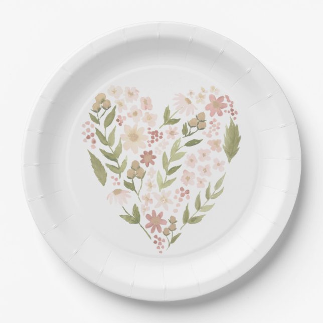 Baby in Bloom Pink Floral Heart Baby Shower Paper Plate (Front)