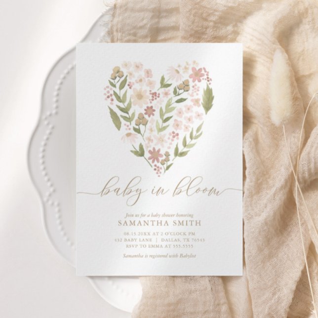 Baby in Bloom Pink Floral Heart Girl Baby Shower Invitation (Creator Uploaded)