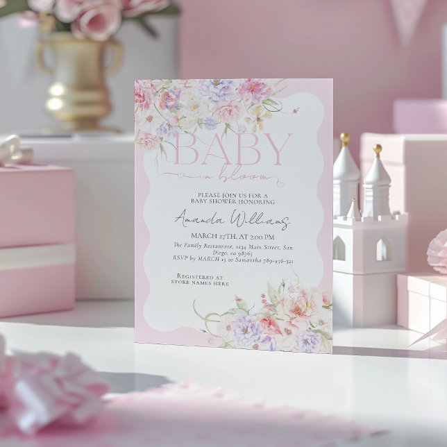 Baby in Bloom Pink Floral Modern Baby Girl Shower Invitation (Creator Uploaded)