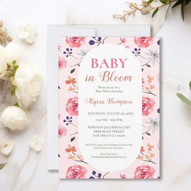 Baby In Bloom Pink Florals Custom Baby Shower Invitation (Elegant Baby in bloom watercolor floral pink baby shower invitation)