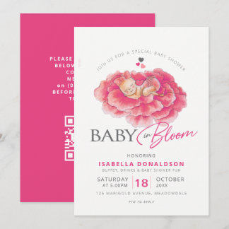 Baby in bloom pink flower baby shower QR code RSVP Invitation