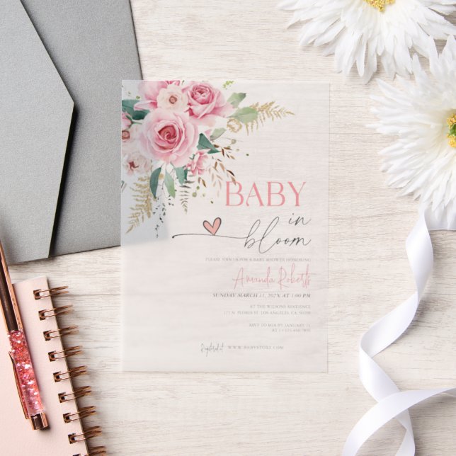 Baby In Bloom Pink Flowers Baby Shower Vellum Invitations (Wedding)