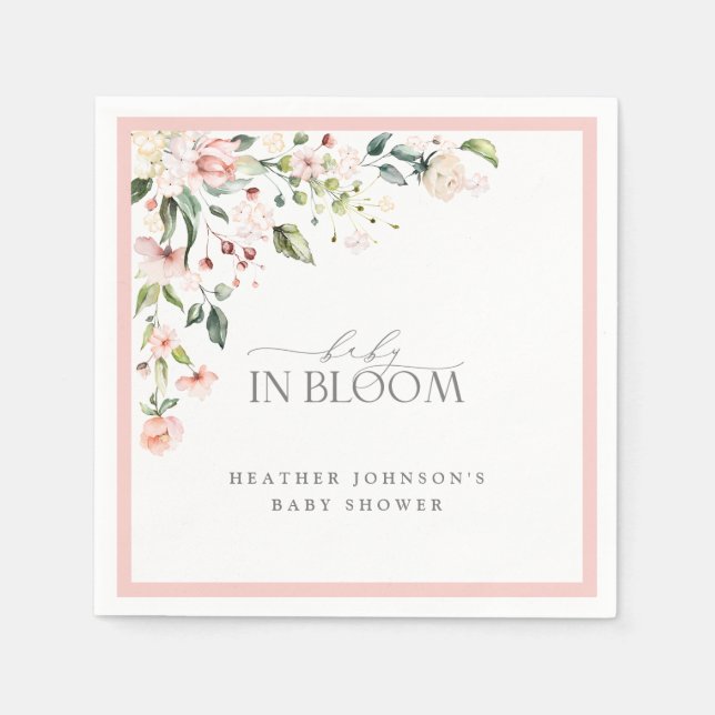 Baby In Bloom Pink Girl Watercolor Flowers Shower Napkin (Front)